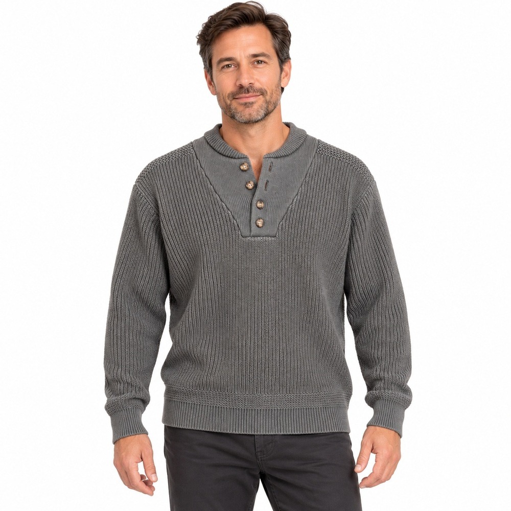 Cabela's Henley Sweater 100% Cotton Mens L Gray Ribbed Knit 4 Button Mock Neck